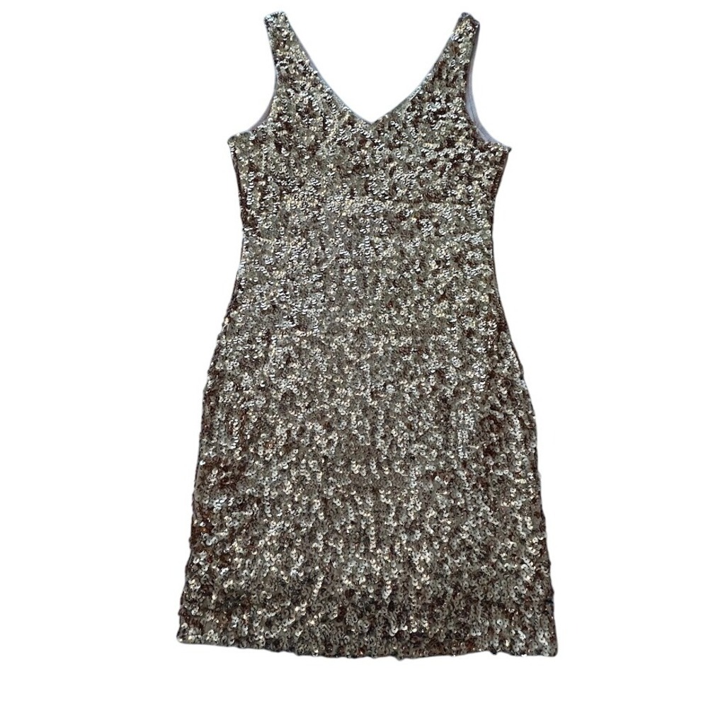 PrettyGuide Gold Sequin V Neck Sleeveless Party Cocktail Mini Dress - Small